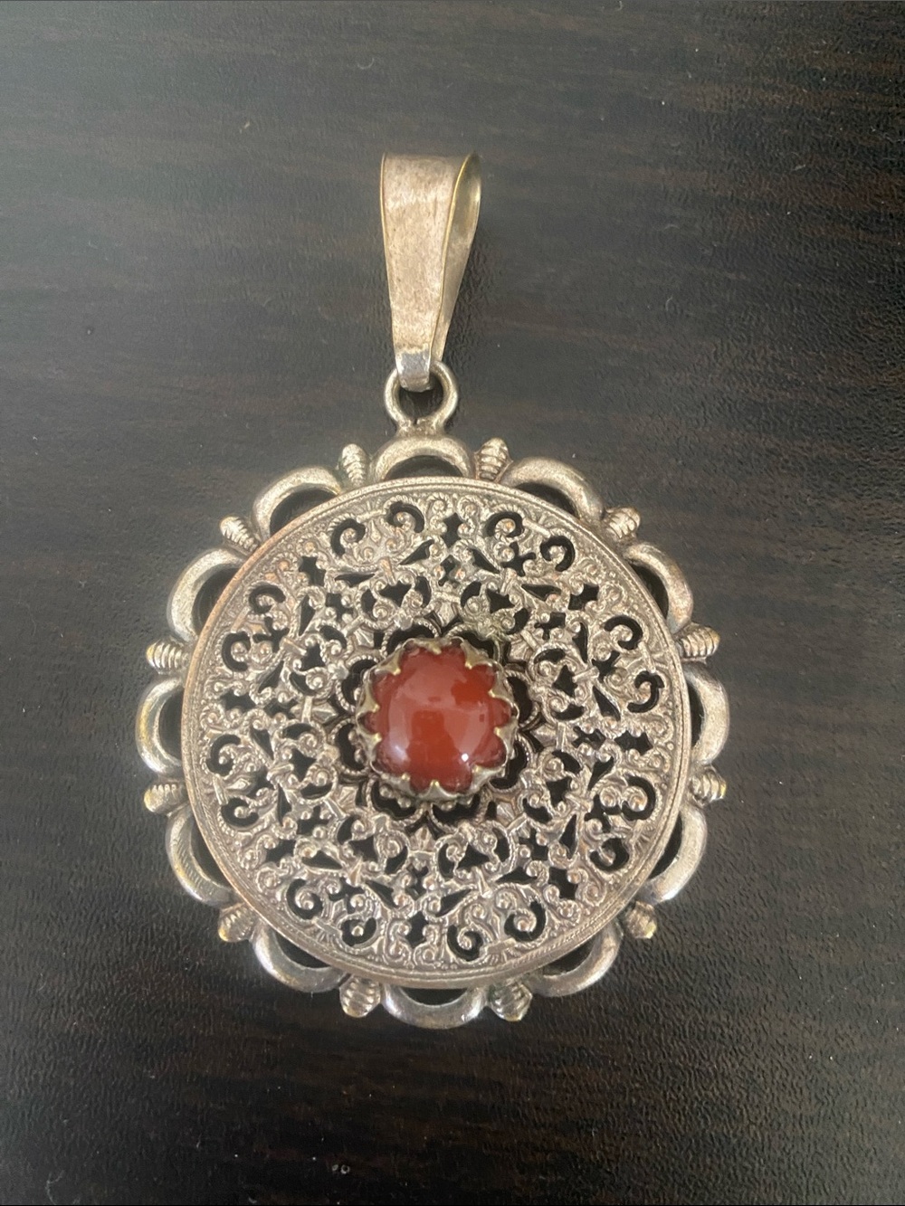 Silver Filigree Pendant with Red coral Stone